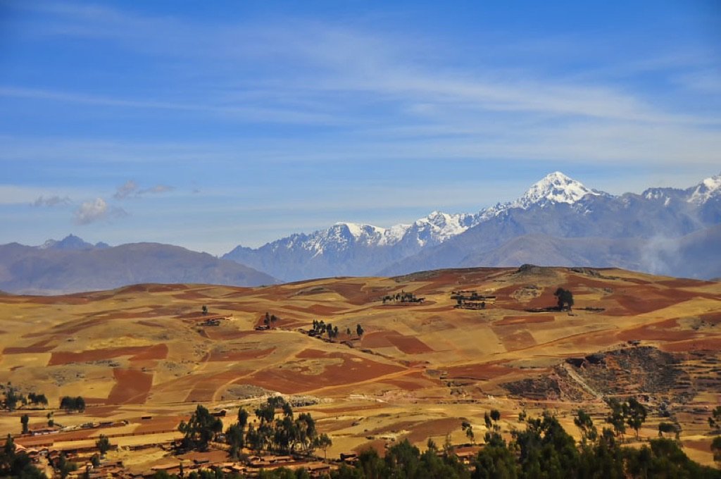 Mosaico de campos de cultivo en los Andes peruanos con nevados al fondo