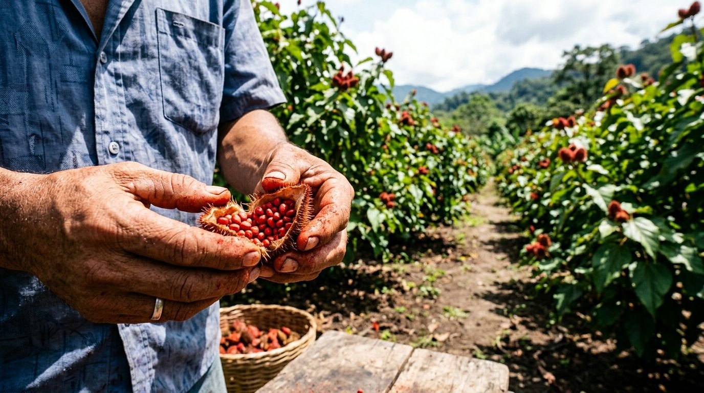 Cosecha de achiote en una chacra de la selva peruana