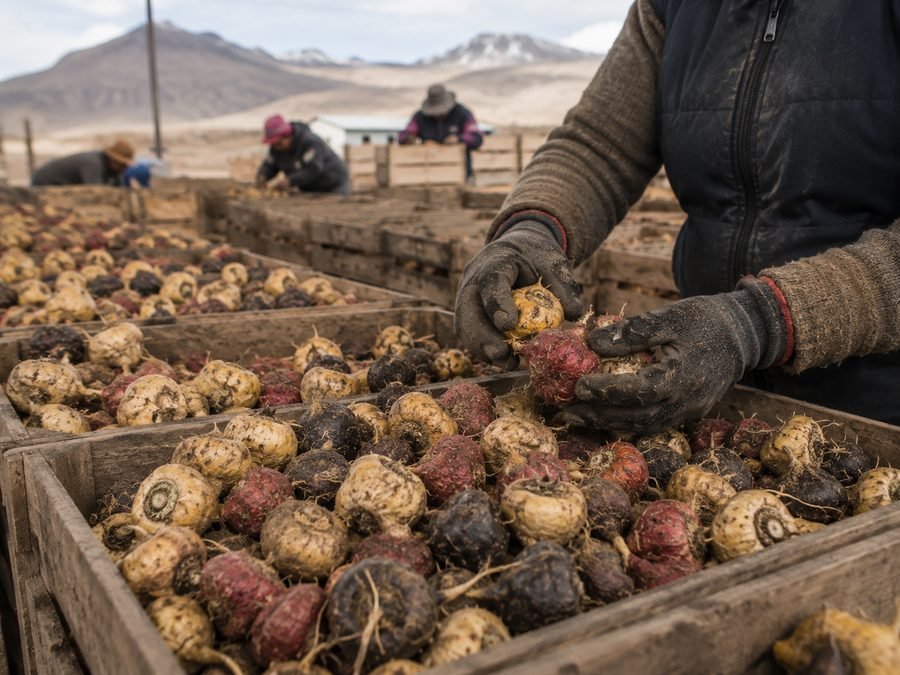 Hipocótilos de maca recién cosechados en la puna andina, en colores negro, rojo y amarillo