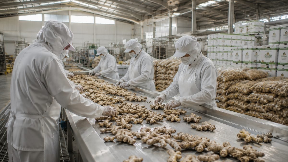 Planta procesadora de jengibre con operarios seleccionando raíces