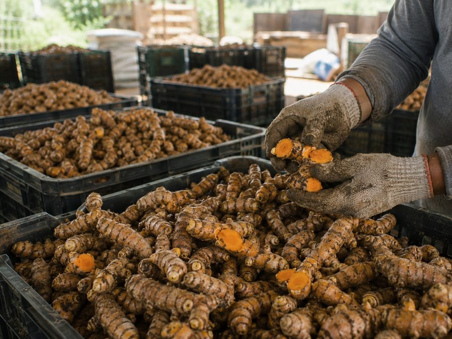 Cajas de cúrcuma fresca en acopio, con raíces partidas de interior naranja
